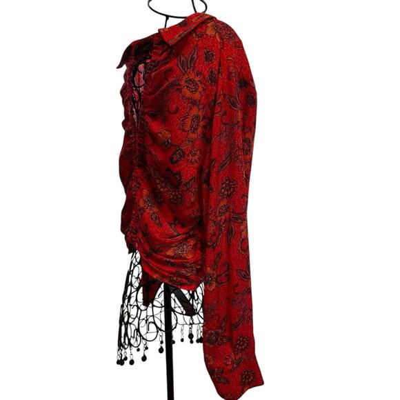 NWT Free People Top Women’s M Red Orange Floral Cropped Blouse Fall Colors - Picture 11 of 13